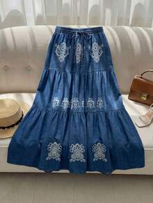 GlowEve Women's Casual Denim Printed A-Line Skirt - Blue - View 1