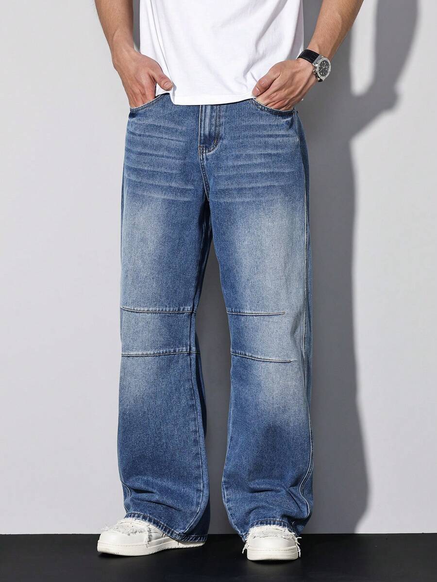 Manfinity Homme Casual Street Acid Wash Loose Flared Distressed Maxi Denim Jeans, Spring/Summer - Blue - View 1