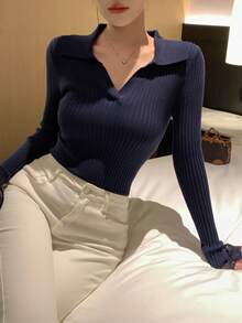 女士撞色蕾丝修身长袖套头毛衣 - 藏蓝色 - 查看 6