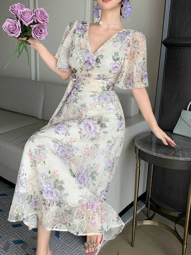V-Neck Ditsy Floral Tie-Waist Dress, Vacation Elegant Slimming Long Dress For Women Maxi Dress Sundress Boho