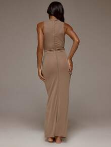 MUSERA ESSENTIALS High Neck Sheer Mesh Racer Bodysuit Underlayer Maxi Dress Winter Spring Night Out Sexy Cute Mesh Essential - Camel - View 2