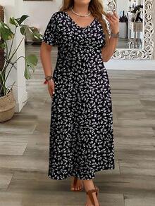 EMERY ROSE Plus Size Women Casual Minimalist V-Neck Short Sleeve Dress, Suitable For Summer - Multicolor - View 3