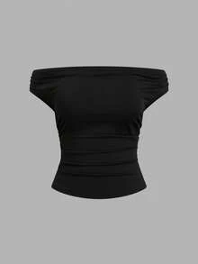 Sweetra Plus Size Off-Shoulder Short Sleeve Solid Color T-Shirt, Sexy Slim Fit Design For Summer - Multicolor - View 20
