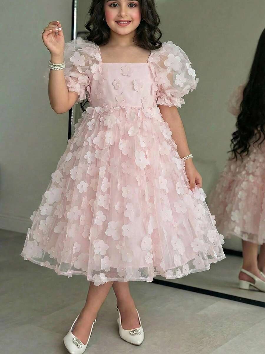 SHEIN 女童纯色方领拼接网纱泡泡袖休闲连衣裙 - 粉色 - 查看 1
