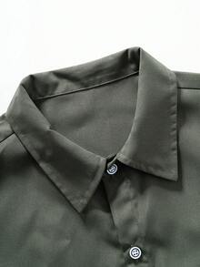 2pcs/Set Big Kids' Spring/Autumn Casual Gentleman Single-Breasted Gray Long Sleeve Shirt + Elastic Waist Slant Pocket Casual Pants, Vacaura Boy Outfit - Army Green - View 4