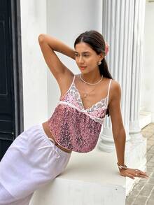 SHEIN Frenchy Áo hai dây ren đính sequin dáng casual mùa hè cho nữ, áo hai dây ren đính sequin màu hồng, áo ngắn cổ chữ V gợi cảm ôm sát, áo hai dây nhỏ kiểu dáng nghỉ hè, áo sequin, áo lấp lánh, áo thêu sequin, áo màu hồng, áo mùa hè nhẹ nhàng sang trọng thanh lịch cho nữ, áo nghỉ hè, áo đi nghỉ mát cho nữ, áo kiểu thanh lịch cho nữ, áo phù dâu, áo dự tiệc. - Màu Hồng baby - Xem 1