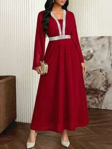 SHEIN Lady Red Ribbon & Mesh Splice Elegant Split Sleeve Dress - Red - View 4