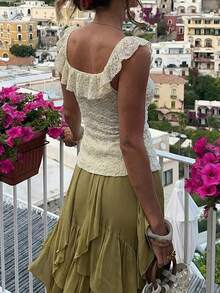 Yunfilé Cream White Lace Ruffle Hem Camisole Elegant Cottagecore Romantic Graceful Summer Vacation Top Women Brunch Tea Party - Apricot - View 2