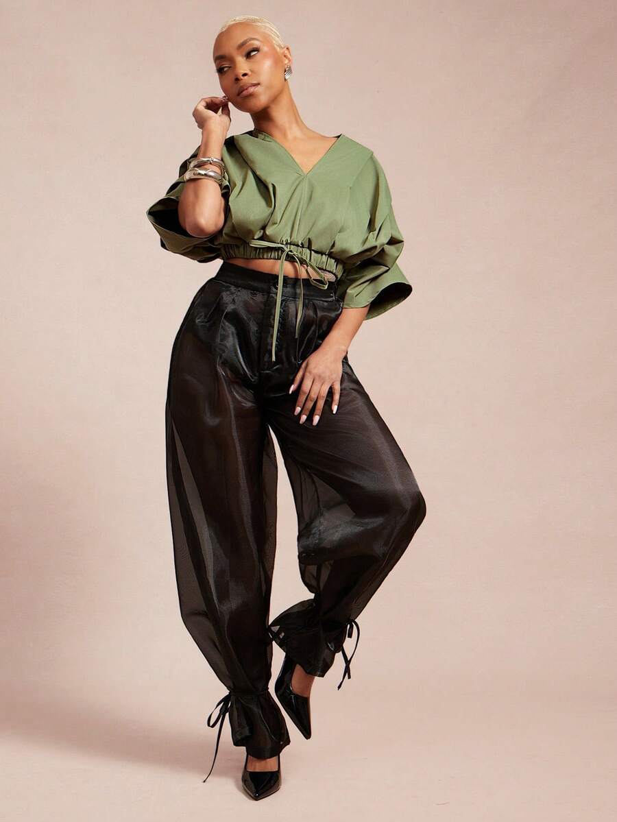 Vixey 透明欧根纱高腰束口灯笼裤 - 黑色 - 查看 1