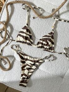 Swim Vcay Conjunto de bikini con collar de cuentas con estampado aleatorio para mujer, primavera/verano - Multicolor - Ver 2