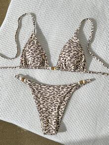 Swim SXY Women's Spring/Summer Leopard Print Random Beaded Necklace Bikini Set - Multicolor - View 2