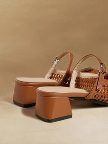 Rosivie Minimalist Modern Woven Mules, Square Toe Chunky Heel Mary Jane Slip-On, Niche Design Woven Mary Jane Slides, Square Toe Chunky Heel Single Strap Mules - Brown - View 4