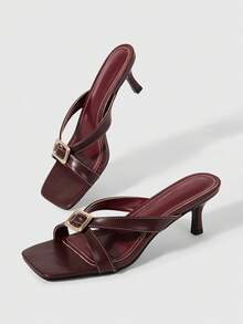 Sleekvia Sandalias de mujer con punta cuadrada y abierta, tacón de aguja alto y sexy de color marrón oscuro, estilo mule con correa cruzada, transpirables y de vanguardia para uso diario - Café integral - Ver 2