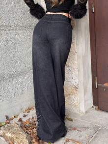 Jeta Ari 女式低腰休闲 Y2K 水钻装饰阔腿直筒牛仔裤 - 黑色 - 查看 2