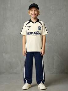Casuvi Kids Loose Fit Navy Blue Casual Sports Pants For Tween Boywith Two White Stripes On Sides, "CALIFORNIA" Text, And Oval "CAx" Logo Graphic, Suitable For School, Sports, And Casual Weekends Kids Sports Wear - Navy Blue - View 1