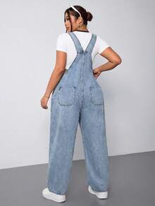SHEIN ICON Plus Size Casual Versatile Washed Denim Bib Overalls - Light Wash - View 2