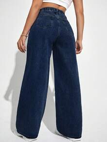 SHEIN EZwear 大码女式高腰口袋阔腿宽松休闲牛仔裤 - 藏蓝色 - 查看 2