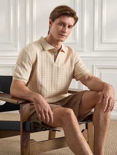 Officeau 男士杏色条纹心形纹理面料休闲 Polo 衫