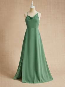 Elegant Chiffon One-Shoulder Ruffle Collar Spaghetti Strap Waist Slit Dress, Suitable For Weddings, Proms, Birthdays, Parties, All Seasons - Green - View 3