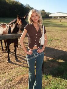 Sydney Algeri 圆点印花翻领修身短袖女式衬衫 - 棕色 - 查看 4