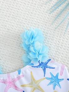 SHEIN Young Girl Starfish Pattern Ruffle Trim One-Piece Swimwear - Blue and White - View 3