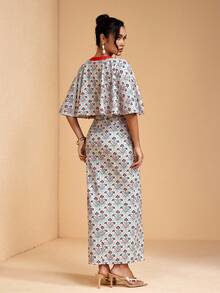 JIAN LASALA All-Over Print Color Block V Neck Capelet Women Maxi Dress With Slit Summer Vacation Boho Elegant - Multicolor - View 2
