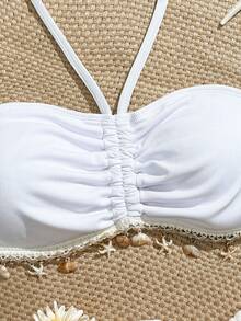 Swim Mod Plus Size Solid Color Halter Ruched Shell Trim Bikini Top, Ribbed Fabric With Drawstring, Halter Strap, Shell Decor, Vacation Beach Swimwear - White - View 5