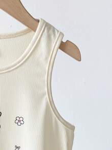 女童米色罗纹背心上衣，饰有可爱的蓝色兔子印花，搭配格子裤，两件套舒适睡衣套装 - 粉色 - 查看 5