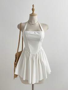 Elamini 女士纯色露背系带褶皱优雅收腰迷你连衣裙，适合约会和派对。女士连衣裙，女士夏季连衣裙，100%纯棉，女士夏季套装，白色夏季连衣裙，女士服装连衣裙，护士服，纯棉高品质连衣裙，露背连衣裙 - 白色 - 查看 5