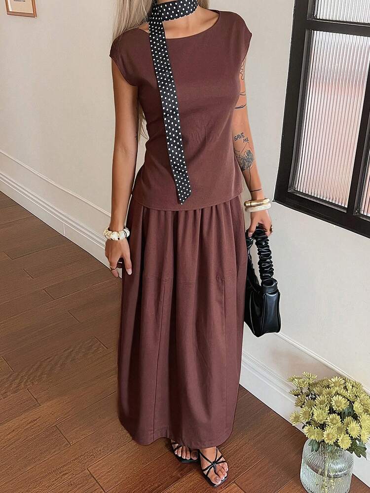 Women's Casual Solid Color Tie-Up Camisole And A-Line Skirt 2-Piece Set, Summer