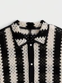 EASEVO Plus Size Men's Casual Vacation Colorblock Striped Short Sleeve Cardigan  Lightweight And Breathable  Dry And Cool  Soft And Skin-Friendly  Gentle And Close-Fitting - Black and White - View 5