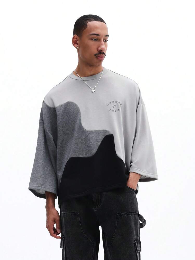 Men's Color Block Long Sleeve Oversized T-Shirt With Geometric Pattern And Crew Neck Casual Streetwear Top
