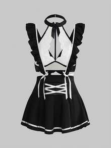 ROMWE Gothic Style Black & White Maid Costume Set - Black and White - View 1