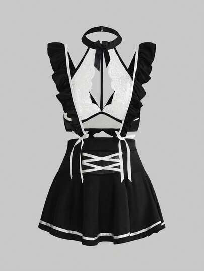 ROMWE Gothic Style Black & White Maid Costume Set