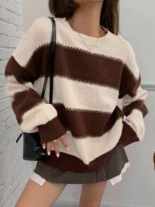 DAZY Striped Loose Long Sleeve Crew Neck Sweater For Women,Long Sleeve Tops,Fall Women Clothes - Brown - View 4