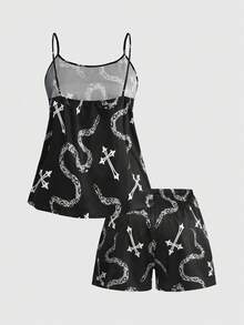 ROMWE Plus Size Gothic Cross & Snake Print Satin Camisole & Shorts Pajama Set - Black and White - View 2