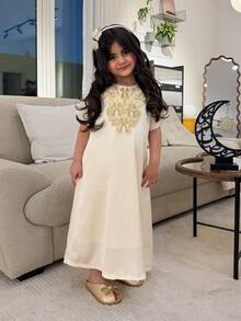 Dazy Kids Girls (Small) Round Neck Short Sleeve Dress, Fall Clothes - Beige - View 1