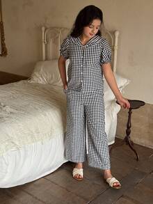 DAZY 少女格子单排扣花瓣袖上衣和阔腿裤休闲家居服睡衣套装 - 藏蓝色 - 查看 2