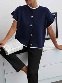 EURMUSE 别致的纽扣前开襟开衫衬衫，配有褶裥袖和黑色滚边；短袖柔软针织衫，饰有荷叶边和珍珠纽扣；复古风针织上衣，袖子和领口饰有滚边。 - 藏蓝色 - 查看 7