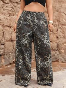 SHEIN ICON Plus Size Women Cowgirl Style Leopard Print Non-Stretch Straight Leg Pants, Fall Outfits - Coffee Brown - View 7