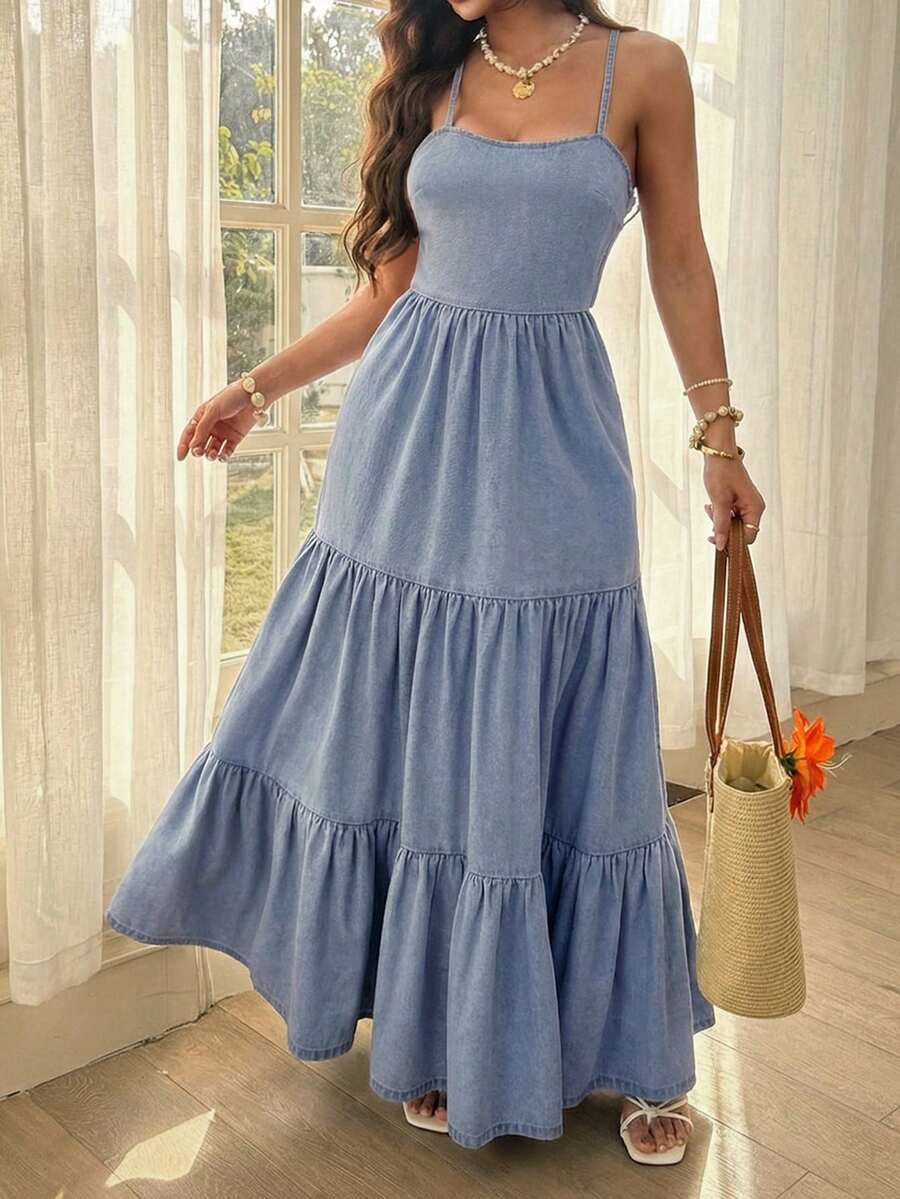 Breezaya Women's Denim Extra Long High Slit Dress - Blue - View 1