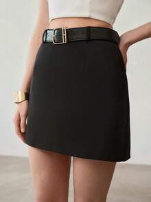 MOTF PREMIUM Falda con cinturón de hebilla de metal de cintura alta minimalista - Negro - Ver 4