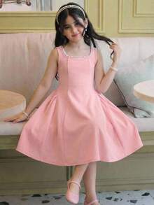 SHEIN Tween Girls Elegant Square Neck Red Beaded U-Neck A-Line Umbrella Hem Patchwork Dress With Large Pink Bow Back - Pink - View 6