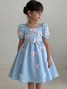 SHEIN Tween Girl Woven Solid Bowknot Square Neck Gigot Sleeve Casual Dress - Blue - View 1