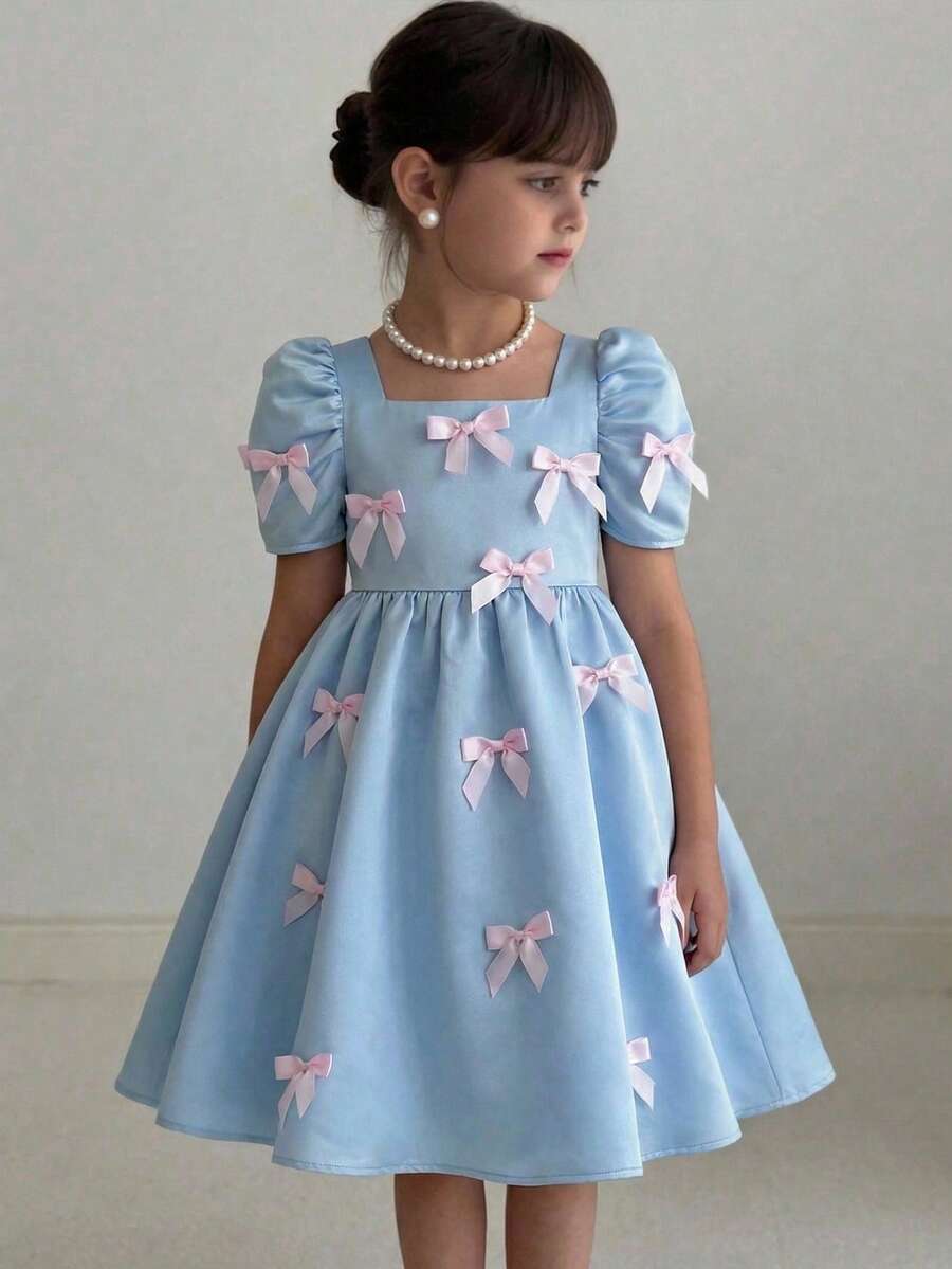 SHEIN Tween Girl Woven Solid Bowknot Square Neck Gigot Sleeve Casual Dress - Blue - View 1