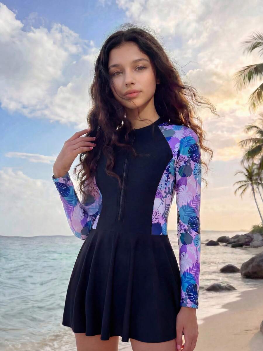 Áo tắm liền thân chống nắng cho bé gái tuổi teen, họa tiết cây nhiệt đới ghép mảnh, thiết kế khóa kéo, thích hợp cho kỳ nghỉ biển. - Màu tím hoa cà - Xem 1