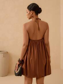 Lyxana Women's Coffee Color Loose Cotton Dress With Neck Tie - Coffee Brown - View 2