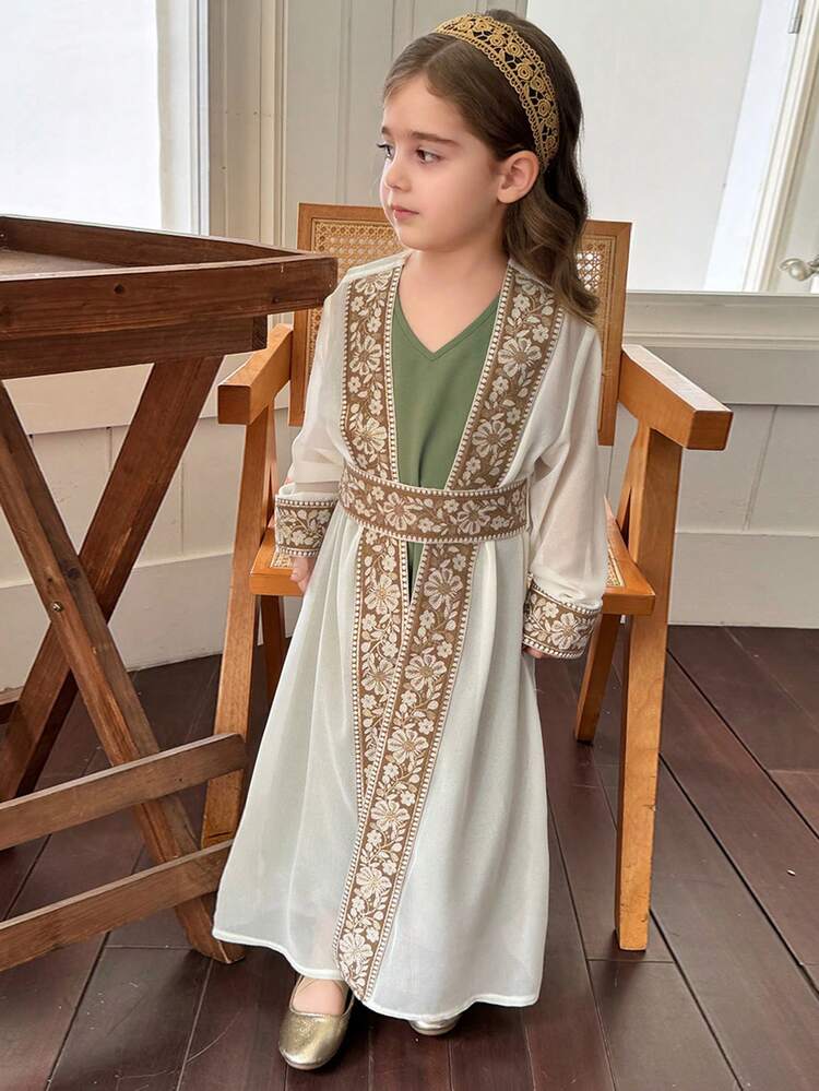 Young Girl Floral Print Long Sleeve Robe And Sleeveless Dress Set Summer