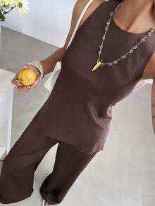 Livesso Set de 2 piese pentru femei, cu top fără mâneci din satin și pantaloni casual, potrivit pentru vară, primăvară și ocazii de sărbători, cum ar fi seturile de relaxare de Paște pentru femei - cafea maro - Vizualizare 3