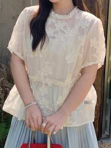 Dazy Plus Áo thun ngắn tay nữ cỡ lớn thêu hoa, kiểu dáng thường ngày, đa năng, thích hợp mặc mùa hè. - trắng - Xem 6